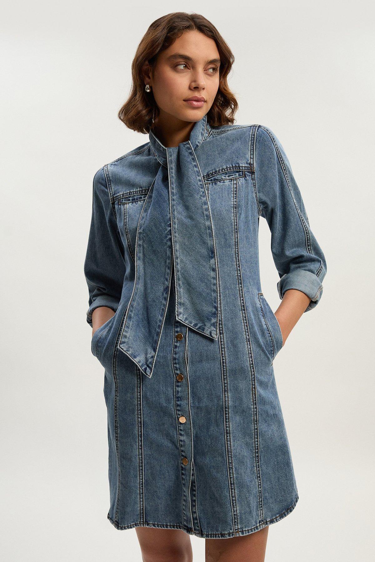 Eyelet Denim Mini Zip Dress | Karen Millen